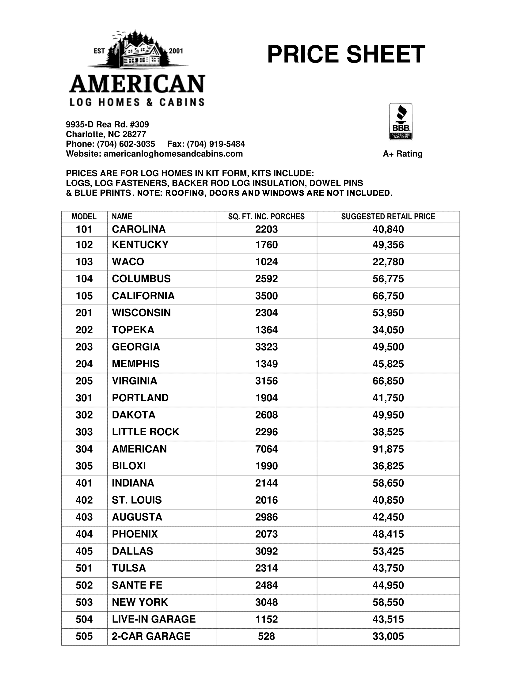 American Log Homes Retail Pricing 2023